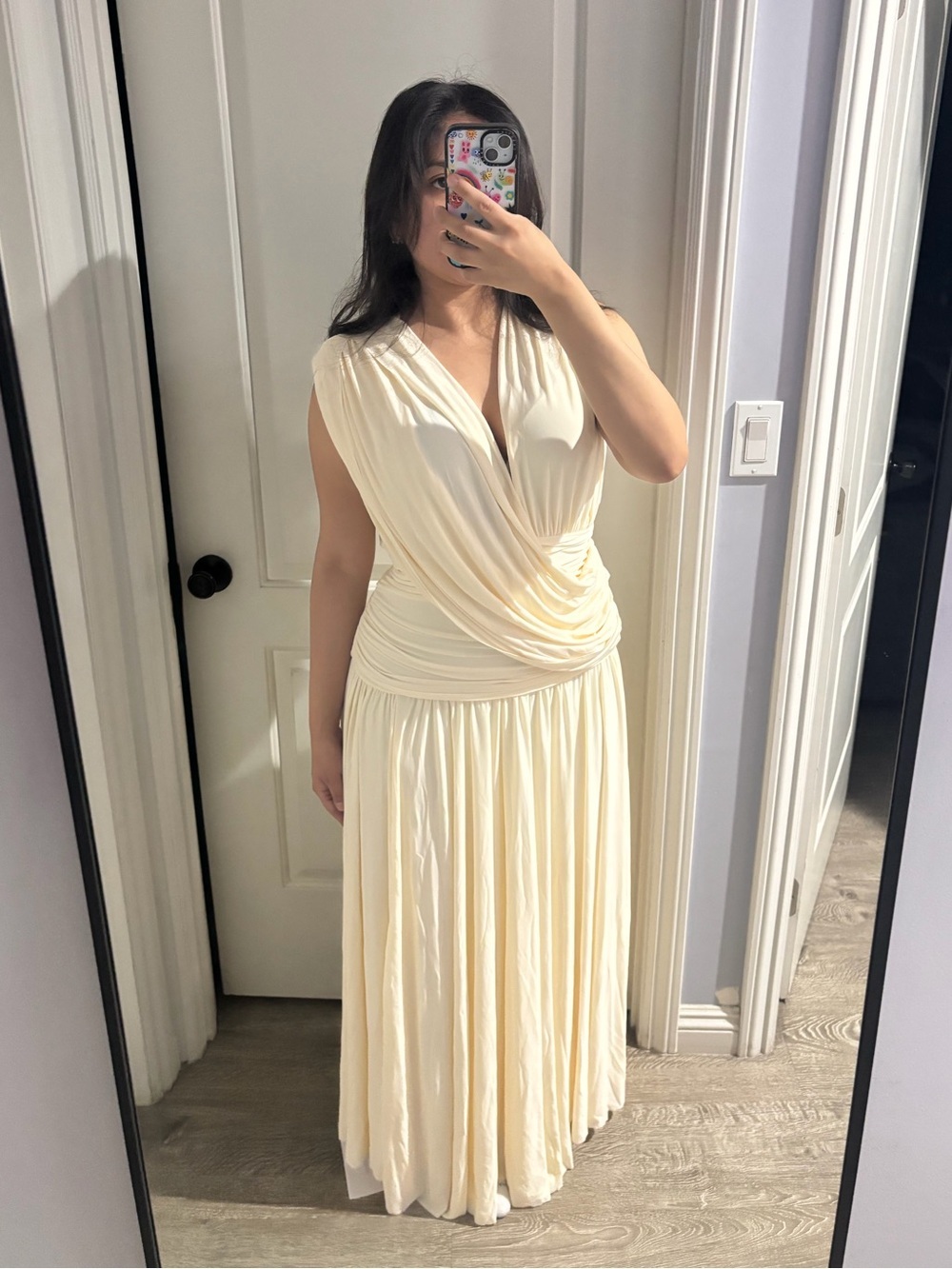 Club L London Cream Draped Plunge Maxi Dress Ruched Goddess Gown Size 6, 10 - Picture 2 of 4